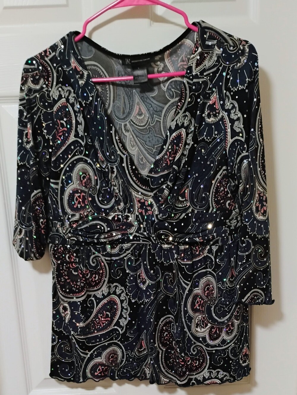 INC International Concepts Black Paisley V-Neck Blouse with Sparkle